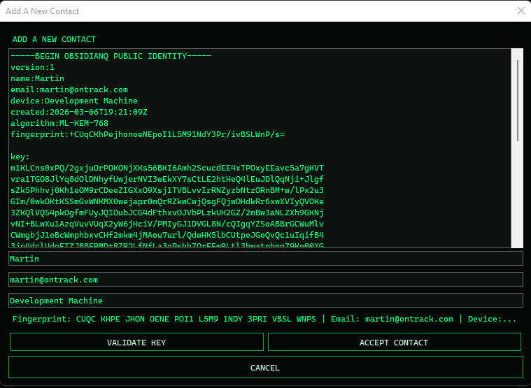ObsidianQ Add Contact dialog screenshot