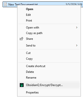 Windows Explorer context menu showing ObsidianQ Encrypt Decrypt options