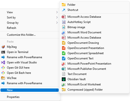 Windows Explorer New menu showing Obsidian Vault option