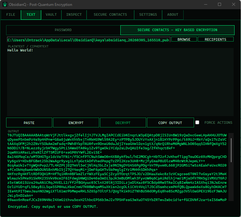 ObsidianQ Text tab ciphertext workflow screenshot